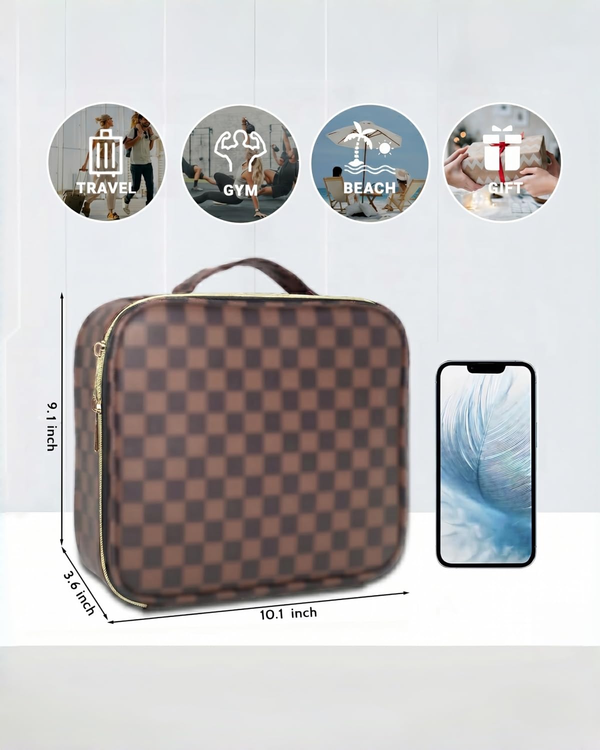 LEAFFUP Checkered Makeup Bag for Women & Men, Large Travel Cosmetic Case Organizer with Adjustable Dividers & Brush Slots, Waterproof PU Leather Toiletry Pouch for Christmas Gif