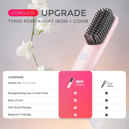 TYMO Cordless Hair Straightener Brush - Porta PRO Portable Straightening Brush for Travel, Mini Ionic Hot Comb Straightener for Women, Lightweight on-The-go, Cordless and Fast Charger Dual Power