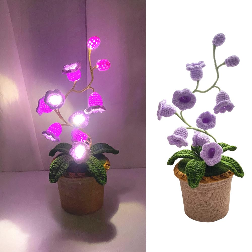 AVEKI Lily of Valley Lamp, Handmade Crochet Artificial Flower Lamp with Warm Light, Cute Desk Lamp for Bedroom, Battery Power Decor LED Night Light, Gift for Mom Daughter Girlfriend (Warm) (Purple)
