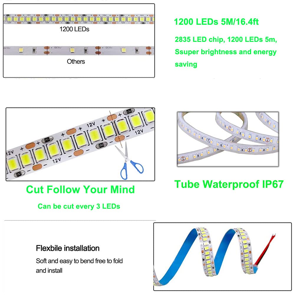 SUYOOULIN LED Strip Lights, SMD 2835 LED Strip, DC12V 1200LEDs 16.4Ft 26000LM High Density LED Light Strips Tube Waterproof IP67, 3 Times Brightness Than SMD3528 LED Strip, Green