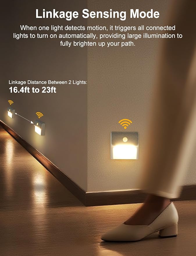 LED Linkage Motion Sensor Night Light, Magnetic Stick-On Motion Activated Light, Rechargeable Battery Powered Wall Lamp, Dimmable Warm White Light, for Bedroom, Hallway, Stairs, Kitchen, 3 Pack