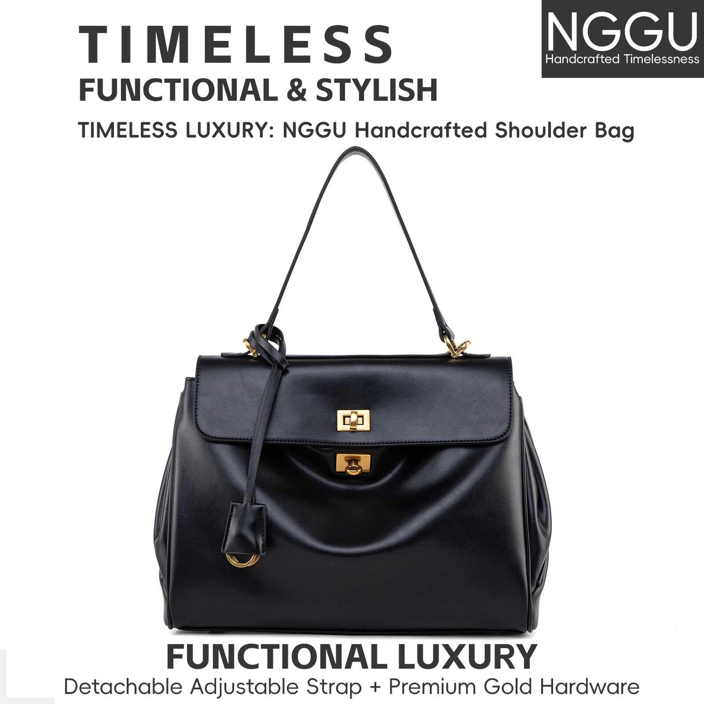NGGU Black Leather Tote Bag for Women,Soft Leather Shoulder Handbags for Ladies,Satchel Purse for Travel Work & Medium & Black Leather & Gold Clasp