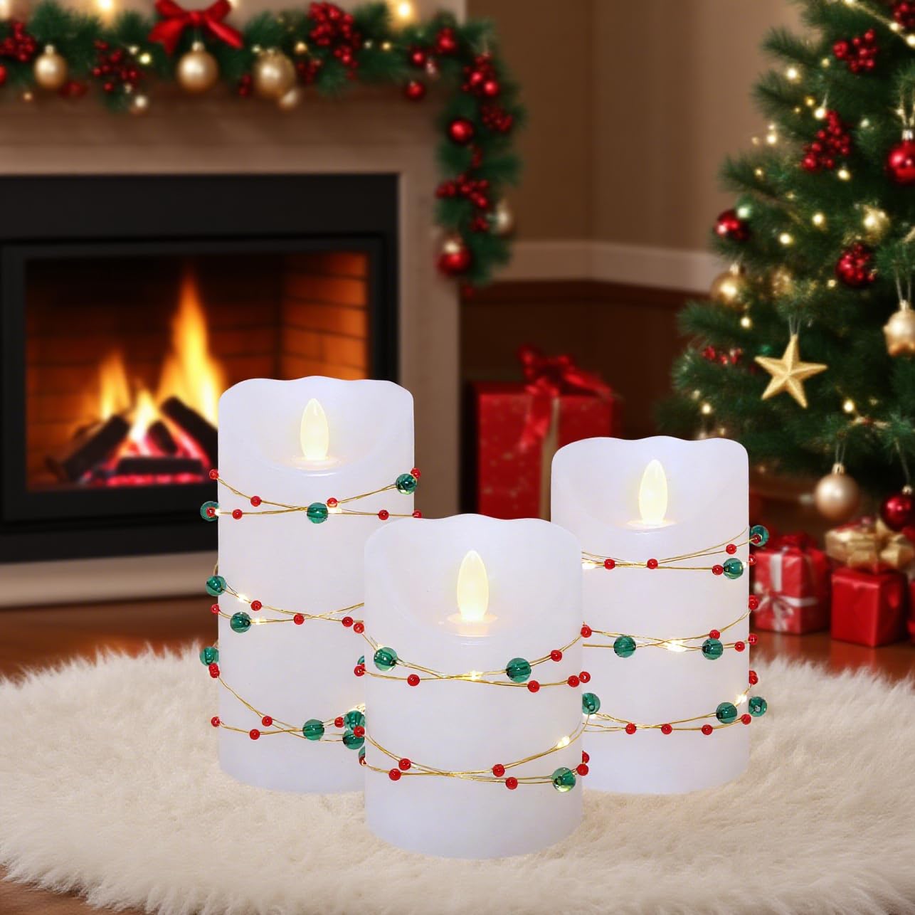 Flameless Candles with Red Green Beads String Lights - Real Wax Christmas Decor Battery Operated Candles with Remote & Timer- Home Party Bedroom Holiday Valentine's Day Decorations - Set of 3