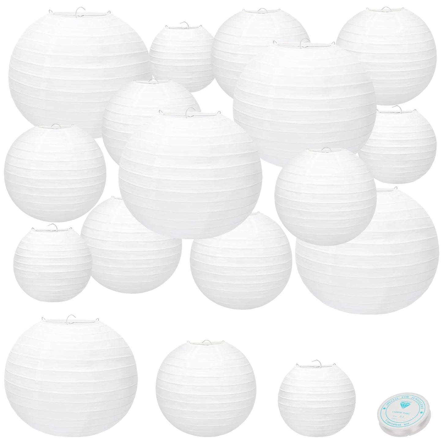 24 Packs White Paper Lanterns 6" 8" 10" Chinese Japanese Hanging Paper Lantern Lamp Round with Clear Fishing Line DIY Table Centerpiece Decoration for Wedding Birthday Party Baby Shower Indoor Outdoor