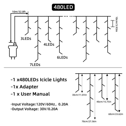 BYIZO Christmas Outdoor Icicle Lights - 480 LED 66+33 FT 8 Modes Curtain Fairy String Light Plug in, Waterproof for Eaves Yard Holiday Xmas Holiday Indoor Outdoor Decoration - Blue White