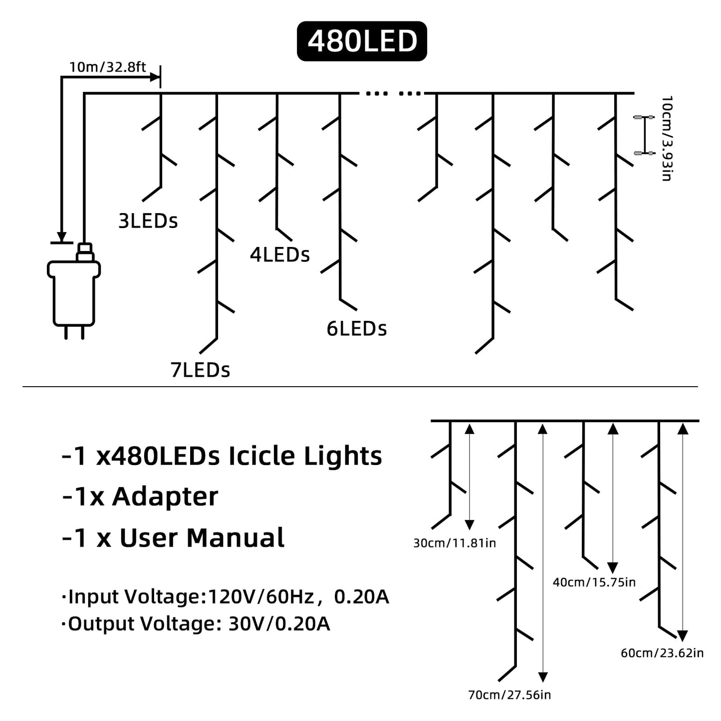 BYIZO Christmas Outdoor Icicle Lights - 480 LED 66+33 FT 8 Modes Curtain Fairy String Light Plug in, Waterproof for Eaves Yard Holiday Xmas Holiday Indoor Outdoor Decoration - Warm White