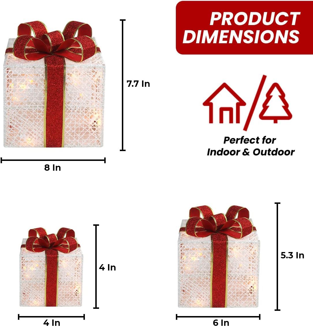 3-Piece Lighted Gift Boxes - Pre Lit Christmas Decoration with Ribbons for Indoor/Outdoor Use (8in) - Weather Resistant Yard Home Decor with Warm UL Lights