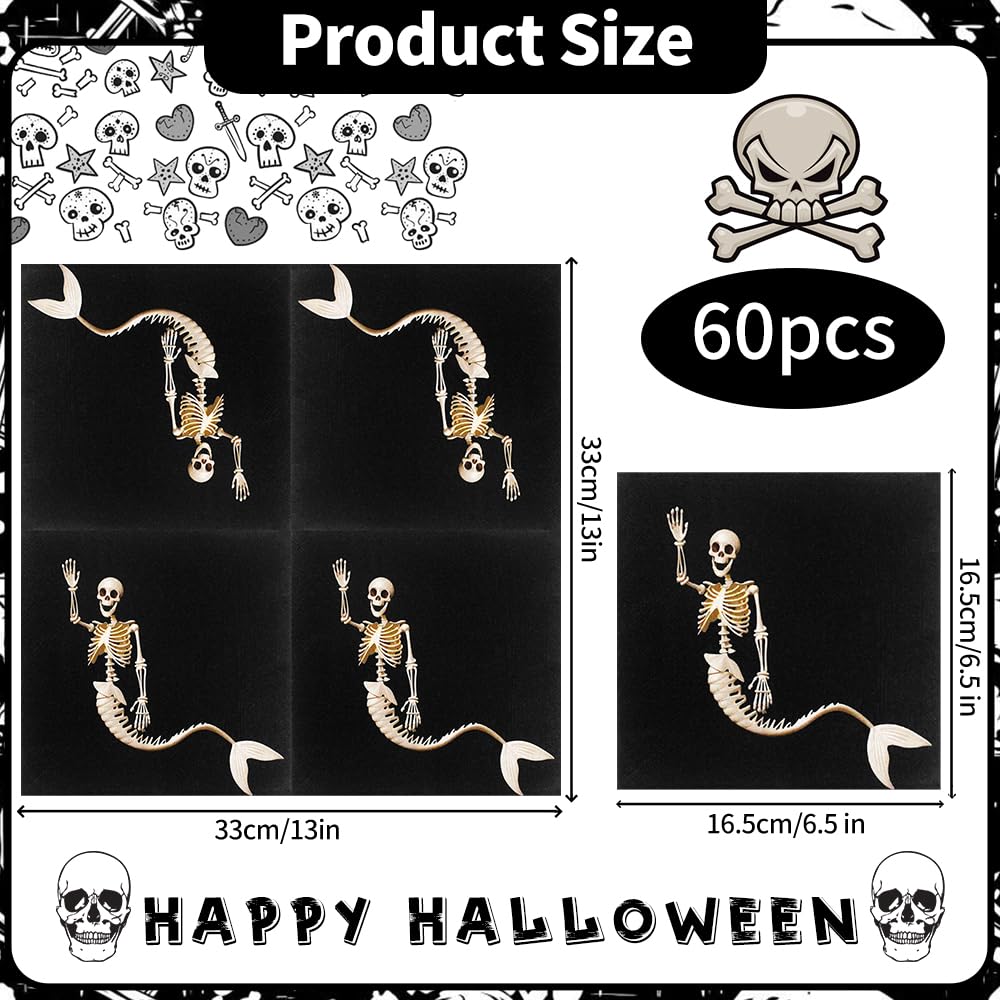 Dulousia 60count Halloween Napkins - 6.5x6.5in Disposable Paper Napkin Mermaid Skeleton Black Napkins for Halloween Get-together, DIY Parties, Holiday Celbration Home Dinner Skull Themed Table Decor