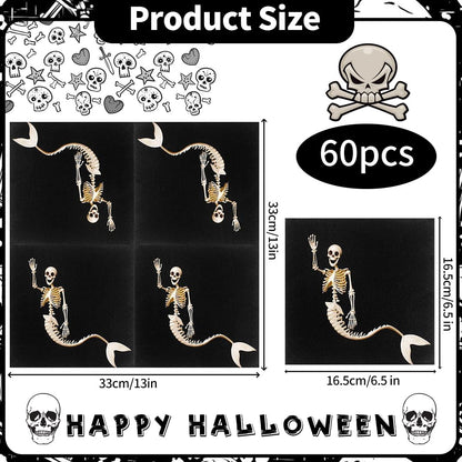 Dulousia 60count Halloween Napkins - 6.5x6.5in Disposable Paper Napkin Mermaid Skeleton Black Napkins for Halloween Get-together, DIY Parties, Holiday Celbration Home Dinner Skull Themed Table Decor