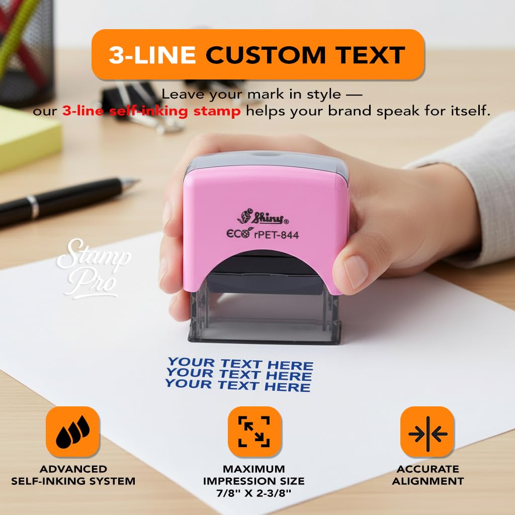 Stamp Pro Pink Self Inking 3 Line Custom Stamp – Personalized Name or Text Stamp for Home, School, Crafts & Business Use
