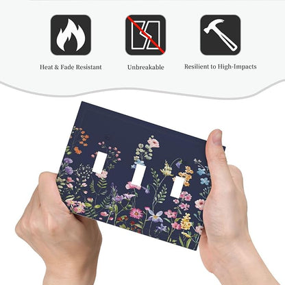 Rustic Wild Floral Darkground Vintage Watercolor Flower 3 Gang Light Switch Covers Decorative Unique Triple Toggle Wall Plate Electrical Faceplate Switchplate for Bathroom Decor