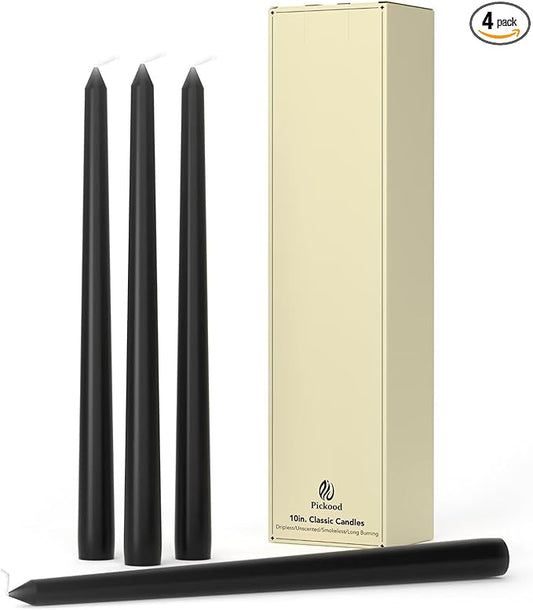 10-Inch Tall Dripless Taper Candles Set of 4 - Black Tapered Candles, Perfect for Halloween - Smokeless, Unscented, Long Burning - Hand Poured, Colored Tall Candlesticks - negras