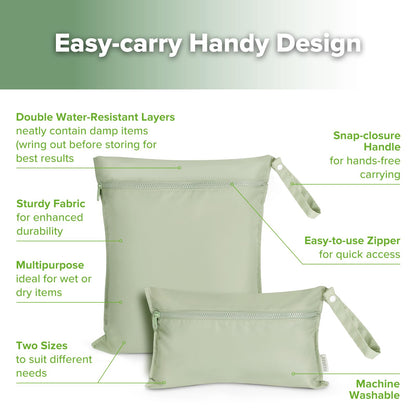 haakaa Waterproof Wet Bags for Baby Wet Dry Bags for Cloth Diaper, Swimsuit & Travel, 2pcs, Grass