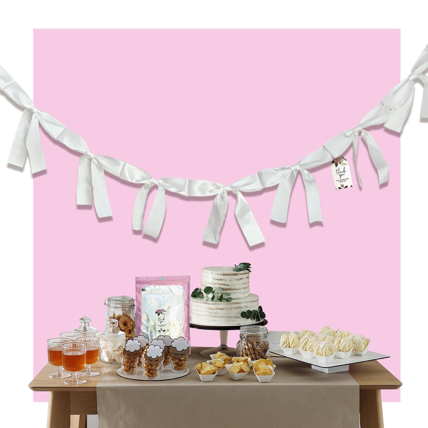 Eanjia Pre-Assembled White Bow Garland - 6ft Elegant Church Wedding Decor, Baby Shower Banner & Bridal Shower Backdrop, Thick Satin No DIY Needed! Baby Room Bed Decor (White, 6ft)