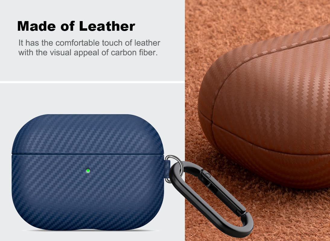 Haobobro Leather Case - for AirPods Pro 2 Case Cover with Keychain - Selected Skin-Friendly Leather, Carbon Fibre Texture, Handmade Shockproof Hard Cover for AirPods Pro 2nd Generation Earbuds - Blue