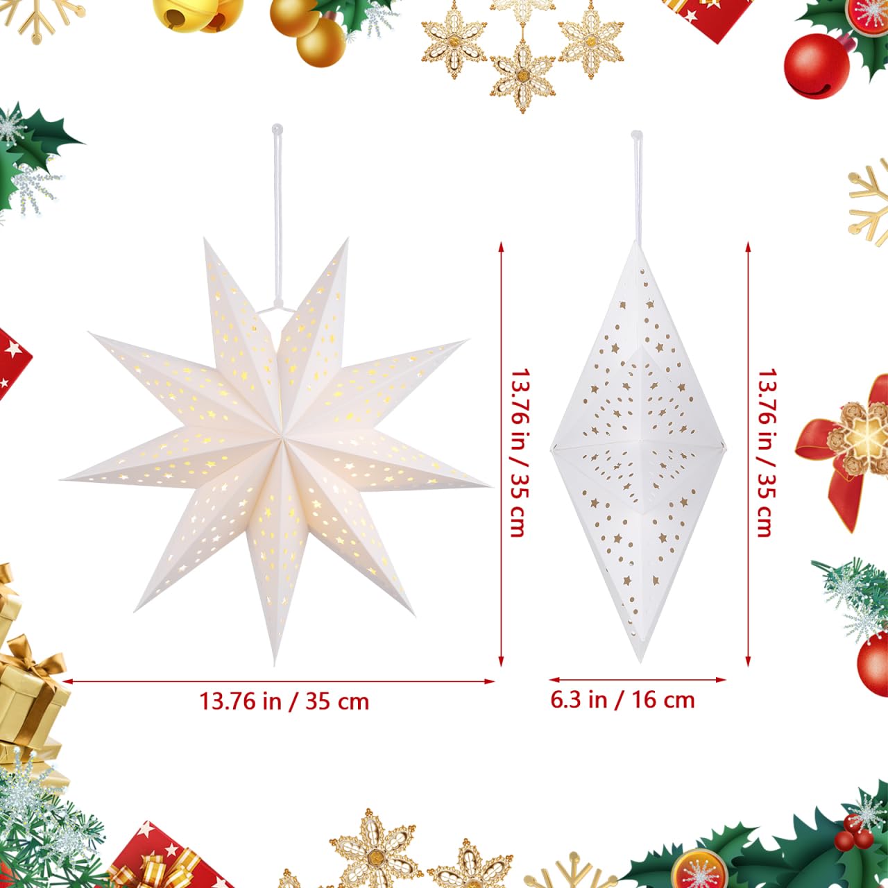 CALLARON 3Pcs Paper Star Lantern, Paper Christmas Decorations, Hanging Star Lantern, 9 Pointed Christmas Stars Lampshade, Foldable White Lampshade Decor for Christmas, Wedding, Holiday Party, 14inch