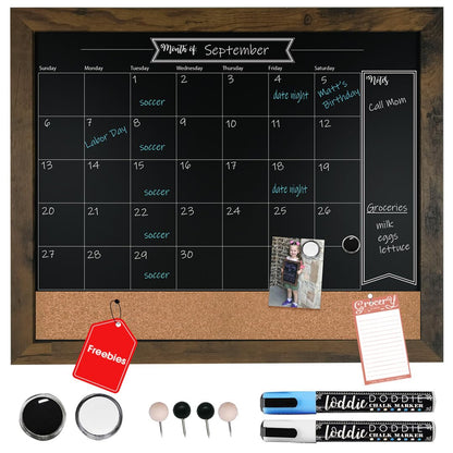 Loddie Doddie Chalkboard Calendar & Bulletin Combo - 18" x 24" Rustic Frame, with Chalk Markers, Push-Pins, Magnets, Blackboard - Kitchen Wall Calendar Organizer