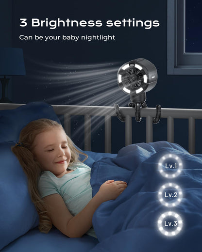 Shirble 6000mAh Misting Fan for Stroller, 3 Speeds Portable Clip Fan with Intermittent/Continuous Spray, 14H Cooling, Detachable Mount, Timer & Night Light for Baby (100ML Water Tank) - Black