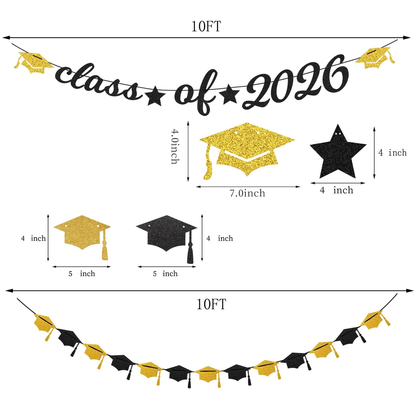 Black-White Gold Party-Decorations Graduation Banner - 8pcs Kits Class of 2026 Cap Garland Streamers, Paper Tissue Pom Poms Flowers, Congratulations Grad Decor Lasting Surprise