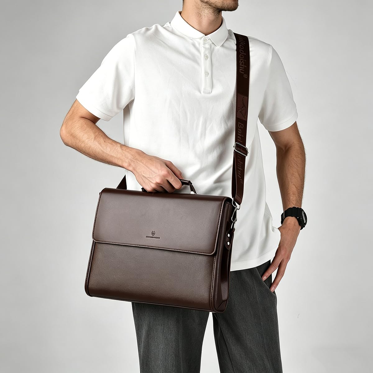 Men‘s 14” Laptop Briefcase, Handheld & Crossbody Bag with Detachable Shoulder Strap, Multiple Compartments, Water-Resistant (Brown)