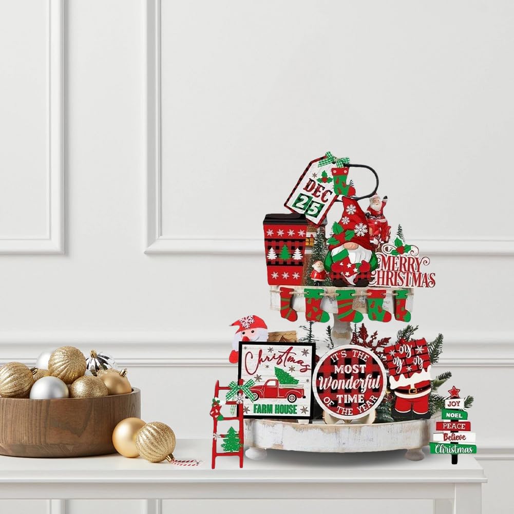 FRANDEK 14Pcs Christmas Tiered Tray Decoration Set, Wooden Winter Holiday Decor with Santa Gnome Sock Designs, Fireplace Mantel Centerpiece Decorations for Home Shelf Fireplace Kitchen Home Party