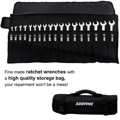 Egofine Ratcheting Wrench Set, 6 mm - 24 mm Metric Wrench Set 18pc, 72 Teeth Combination Wrenches Set, Chrome Vanadium Steel with a Roll Up Storage Bag