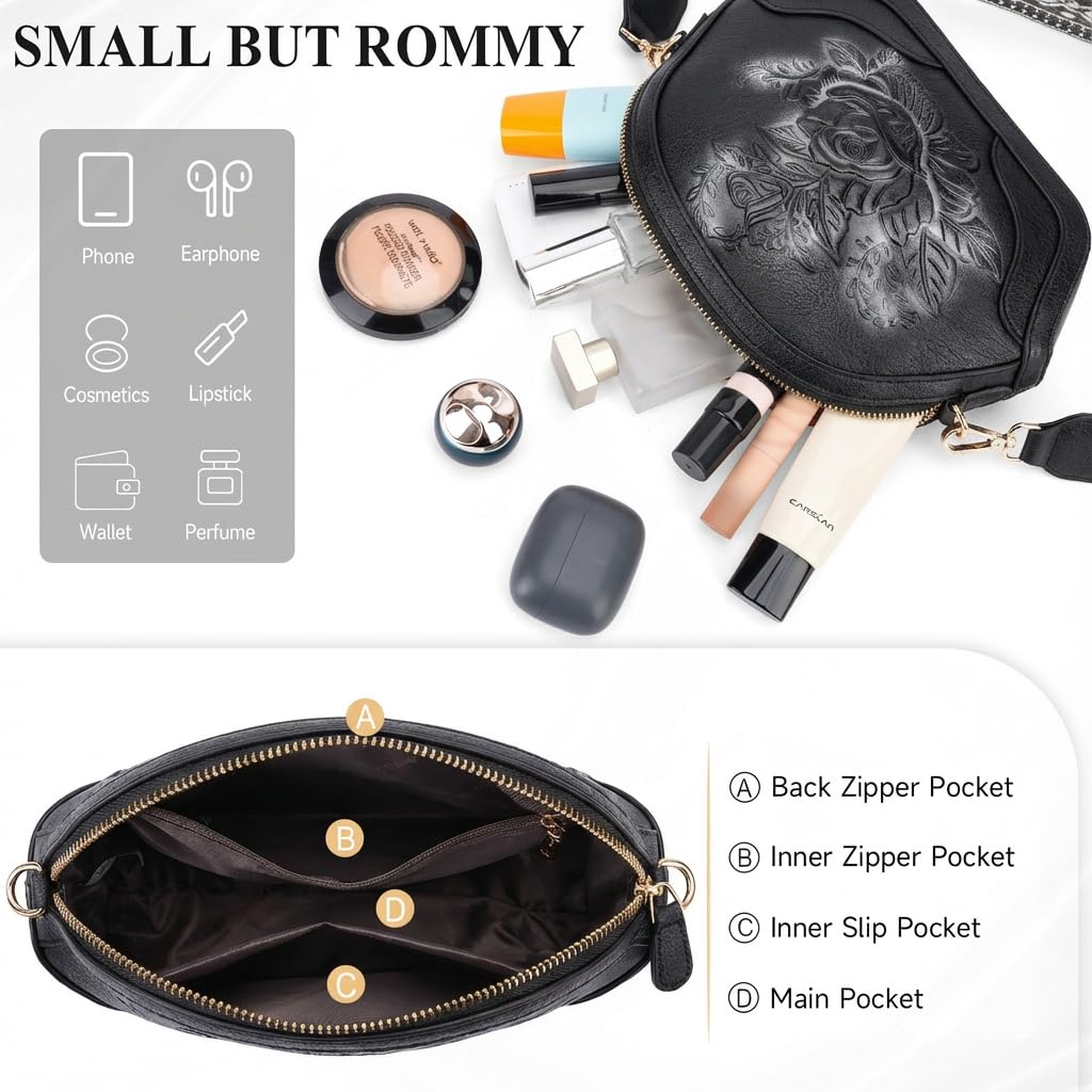 VIMUTI Embossed Rose Crossbody Bags for Women, Soft Vegan Leather Small Purse with Adjustable Wide Strap, Boho Shoulder Handbag with Multi Pockets, Lightweight Everyday Bag