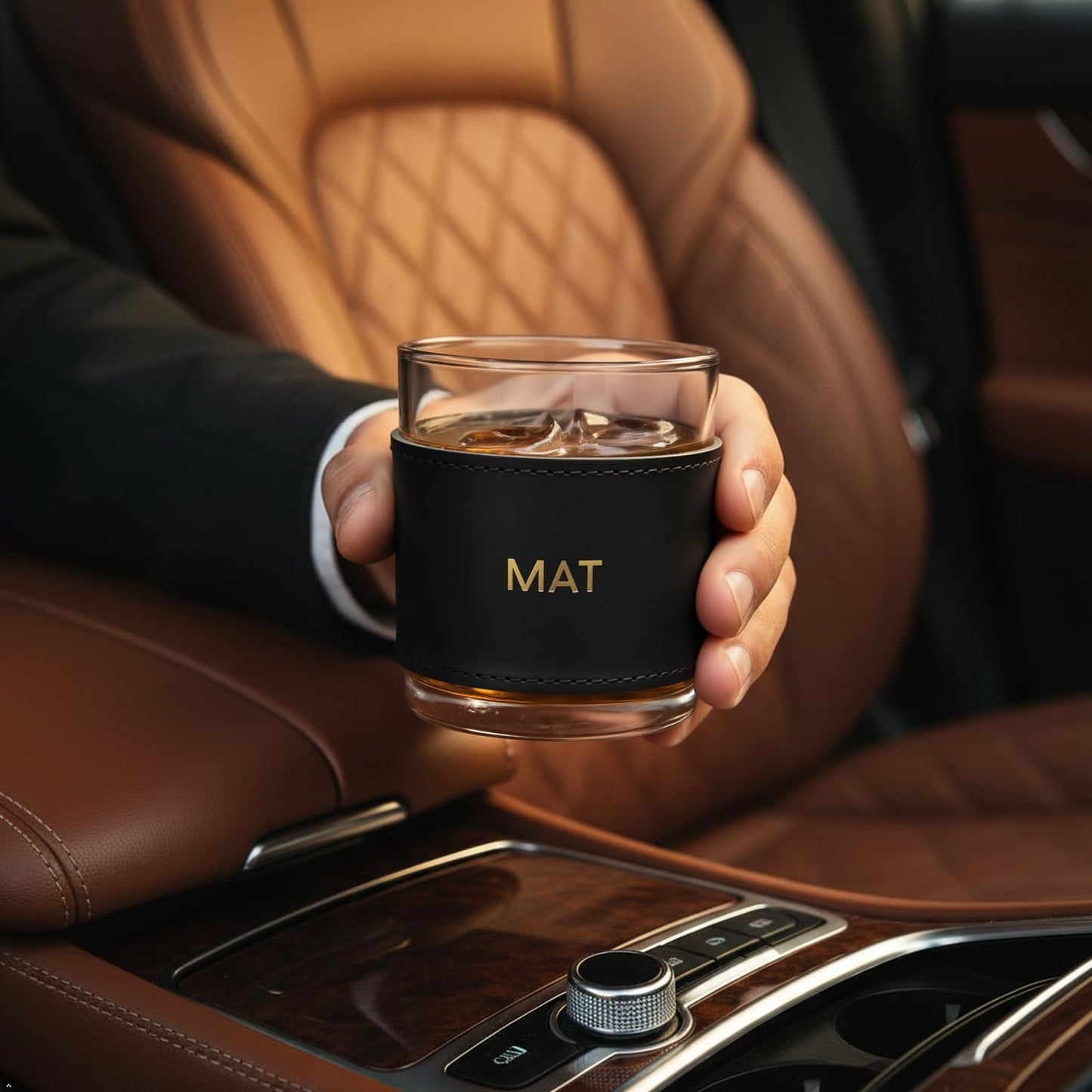 Northwind Personalized Leather Wrapped Rocks Glass - Made in USA - Comes with 10.5 OZ Whiskey Glass - Custom Monogram Full Grain Leather Bourbon Gift for Men, Groomsmen, Father's Day