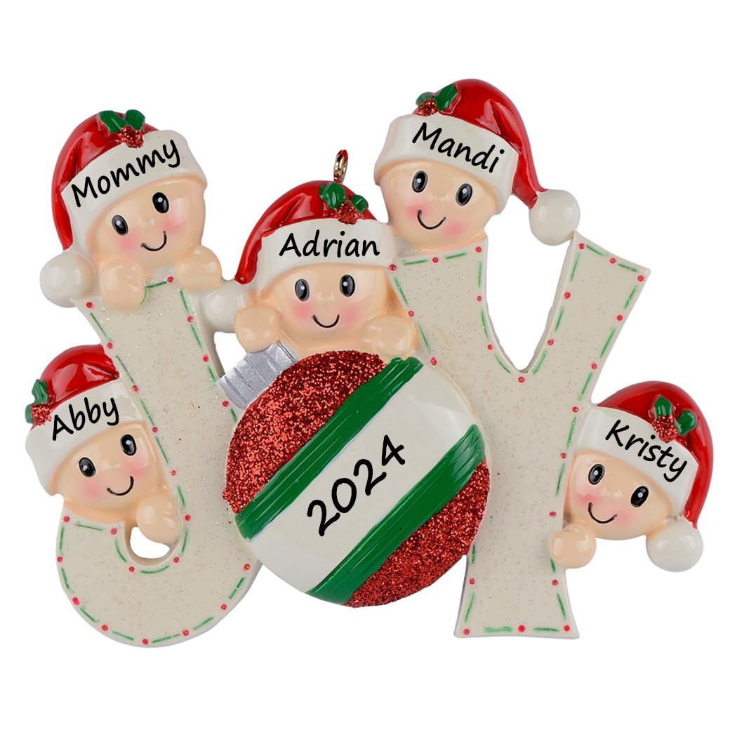 Personalized Joy Family Ornament 2024, Elves Happy Family of 5 for Xmas Tree Decorations, 5 Grandkids Ornament, Customized, Unique Family Christmas Tree Ornaments 2024 - Customize Name for You