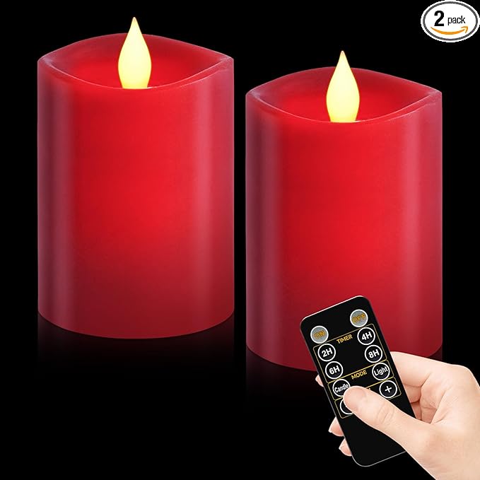 3" x 4" Red Flameless Candles - LED Pillar with Remote, Timer, Flickering, 600+ Hour Battery Life, Ideal for Christmas, Halloween, and Indoor Decor (Red, 3"*4"-2pcs)