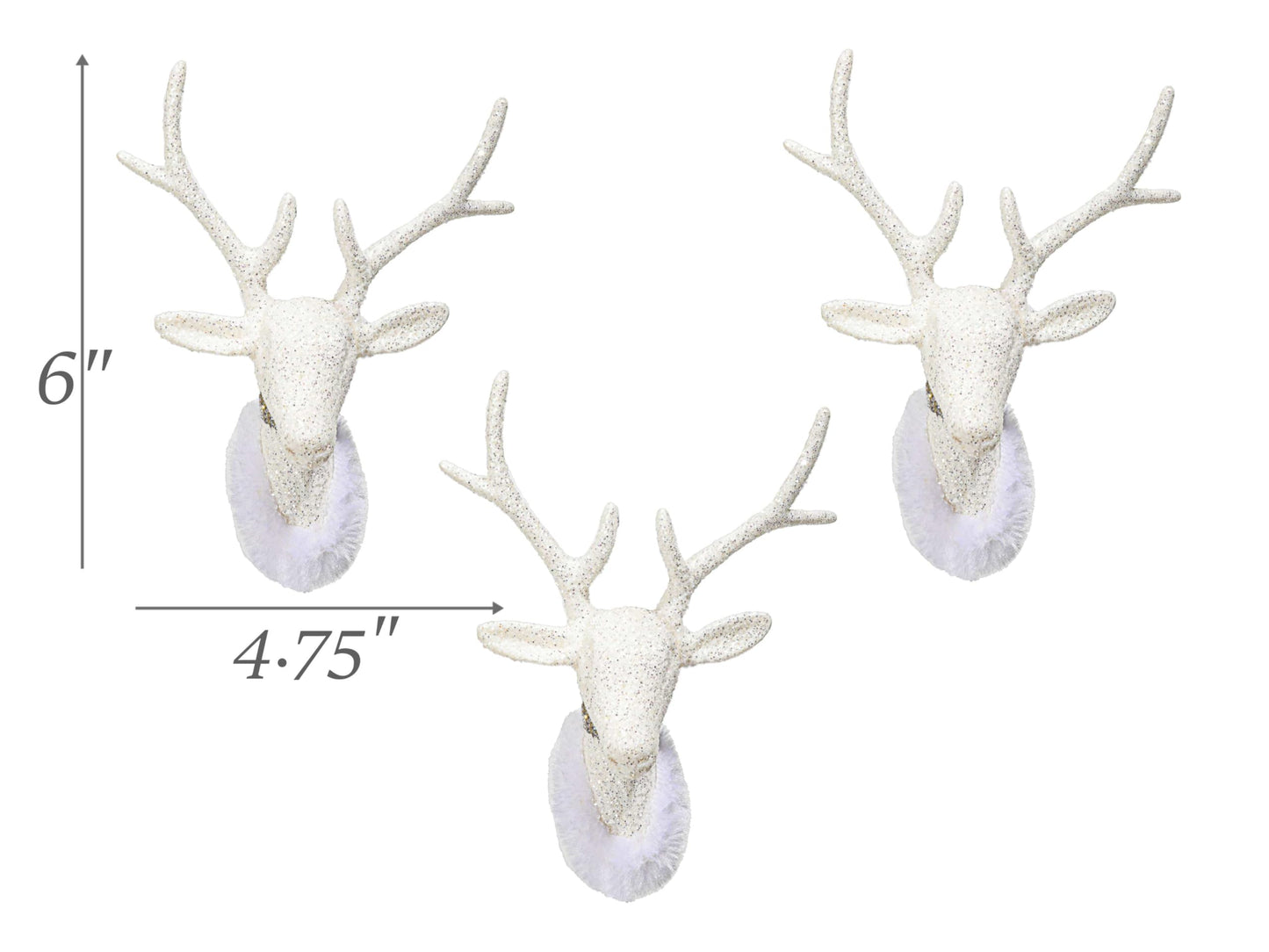 Christmas Traditions 6 inch Glittered Iridescent White Reindeer Head (Set of 5) Ornaments Hanging Tree Decorations (Platinum White) (Large)