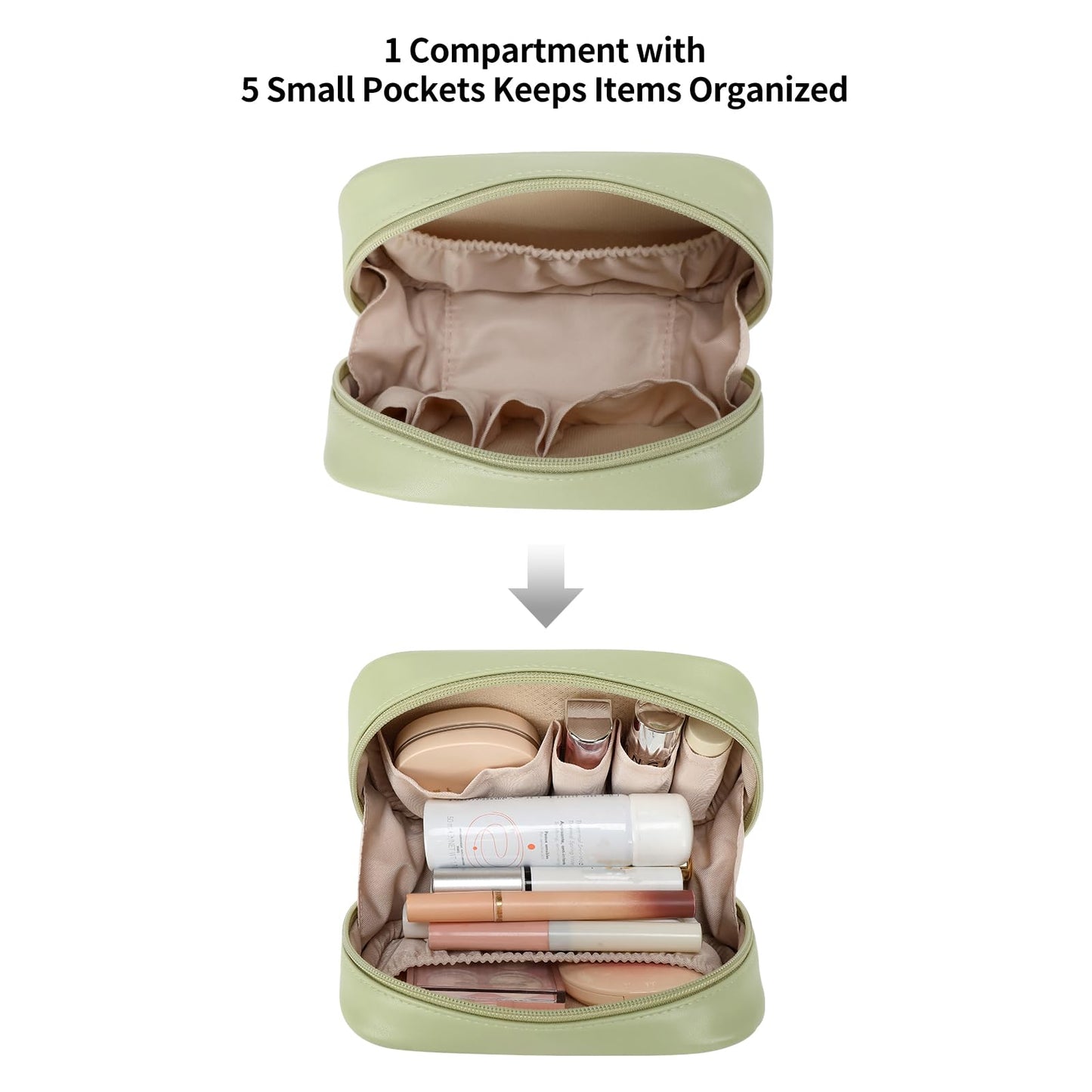 RIGHT AWAY Small Makeup Bag for Purse,Travel Cosmetic Bag Organizer for Women,Cute Make Up Pouch Waterproof Toiletry Bag with Zipper,Portable Makeup Case Skincare Bag for Travel Accessories(Green)