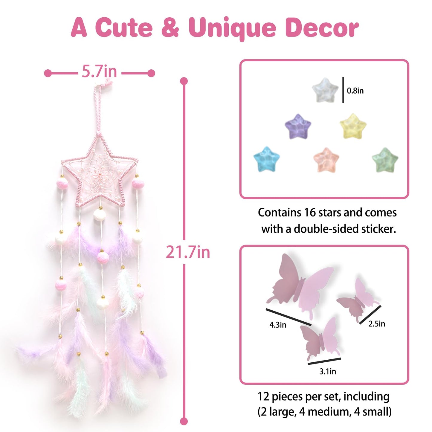 Fun-Plus Pink Dream Catcher Wall Hanging Set - 10 Butterflies & 16 Stars, Boho Room Decor for Girls, Easy Peel & Stick Wall Art