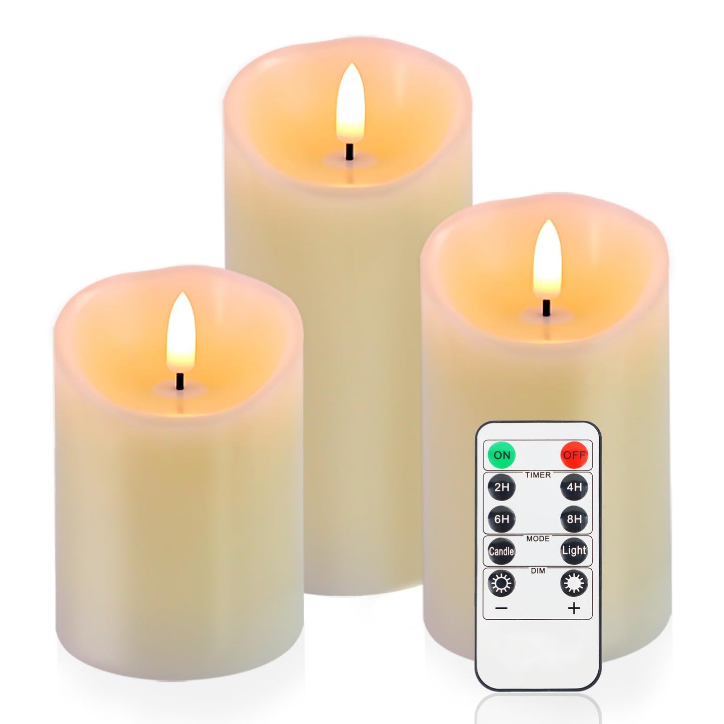 Warmhere Flameless Candles Battery Operated with Remote Timer, 3D Flame Flickering, Last 500+ Hours Battery Candles, Ivory Real Wax LED Pillar Candle for Wedding Home Christmas Decorations, Set of 3
