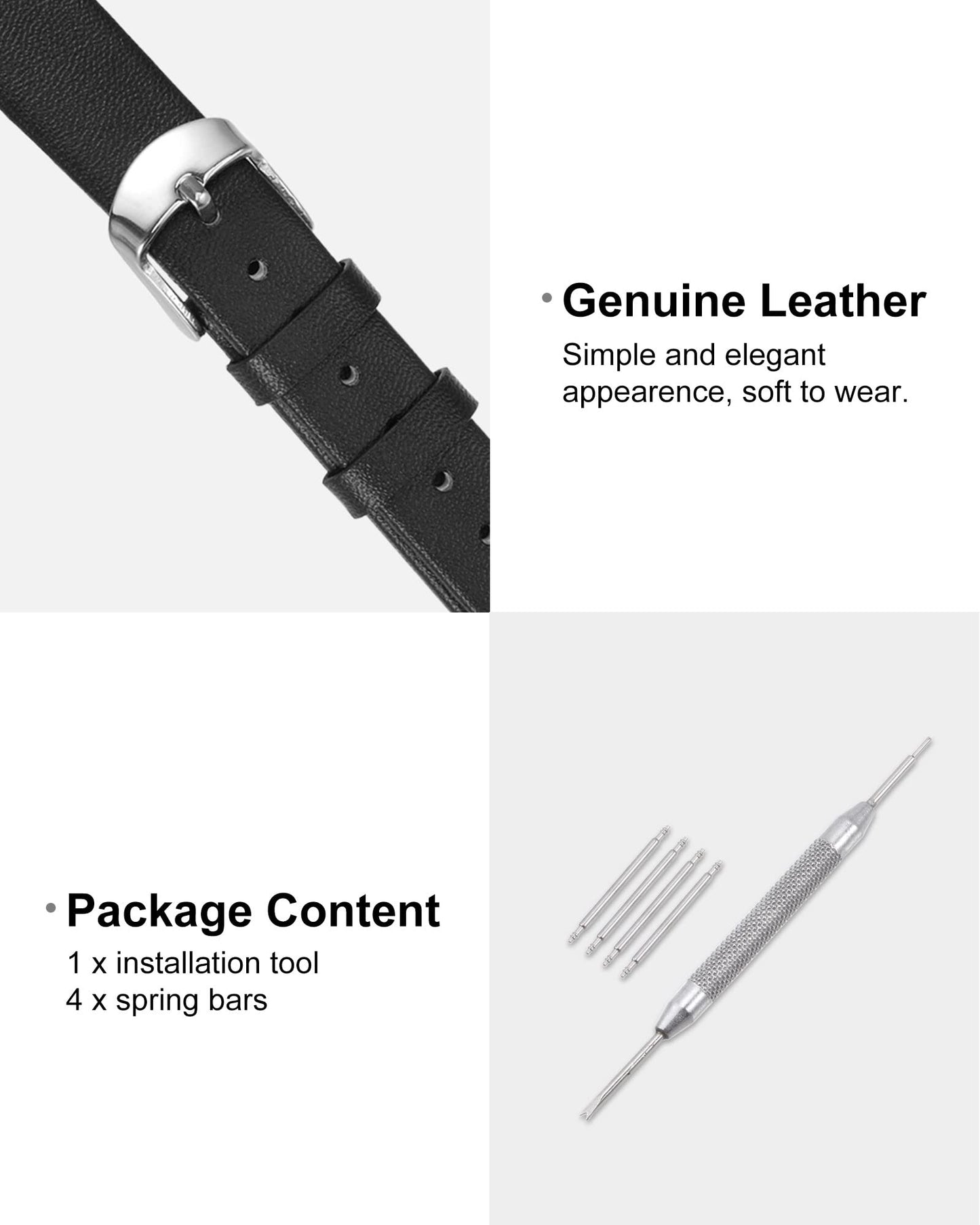 uxcell Black Genuine Leather Band 14mm Width, Flat Thin Elegant Leather Watch Strap for Women