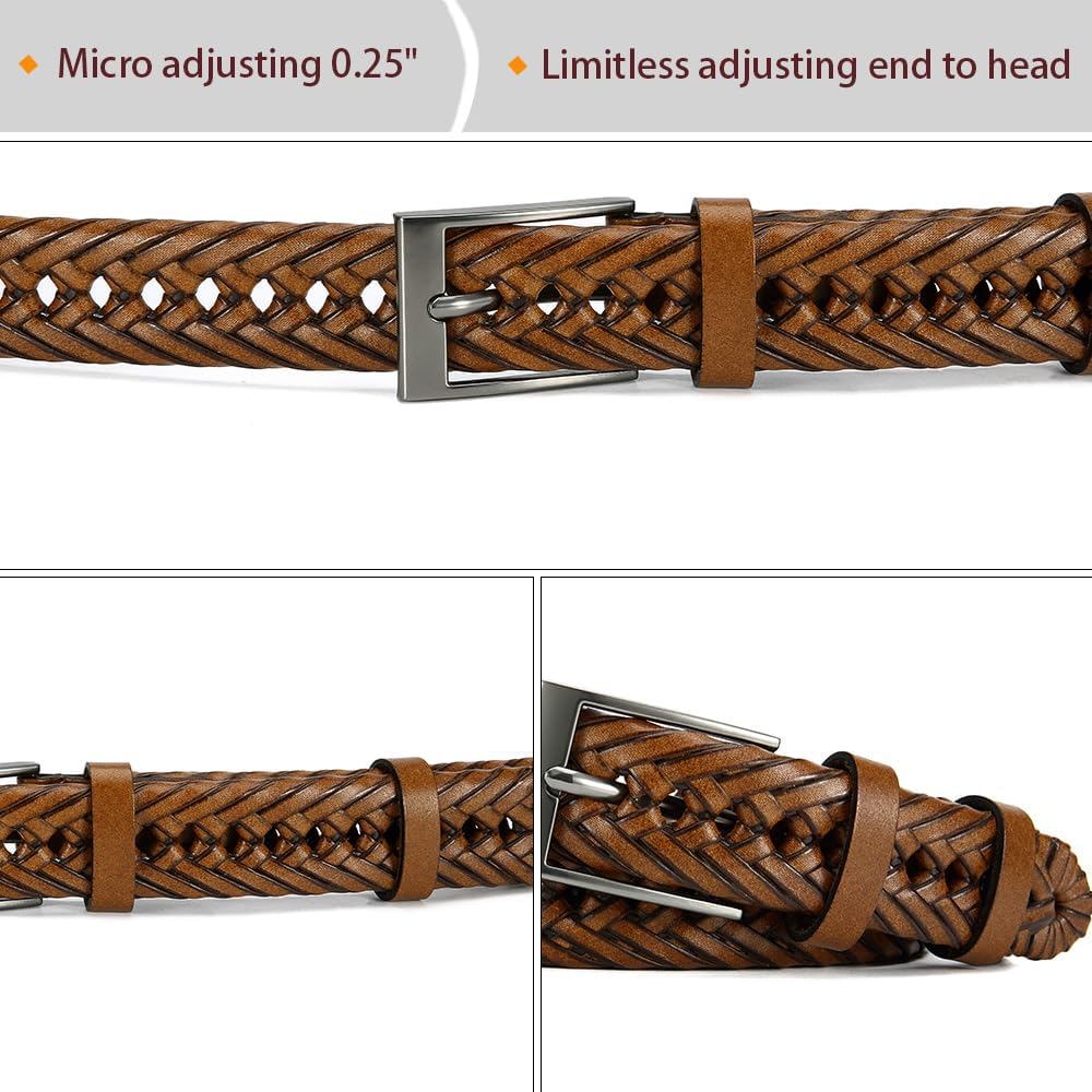 DOOPAI Men's Braided Leather Dress Belt - Comfort Fit, Adjustable Strap, Fashion Hand Woven - Brown Belt for Casual Dress Golf Jeans