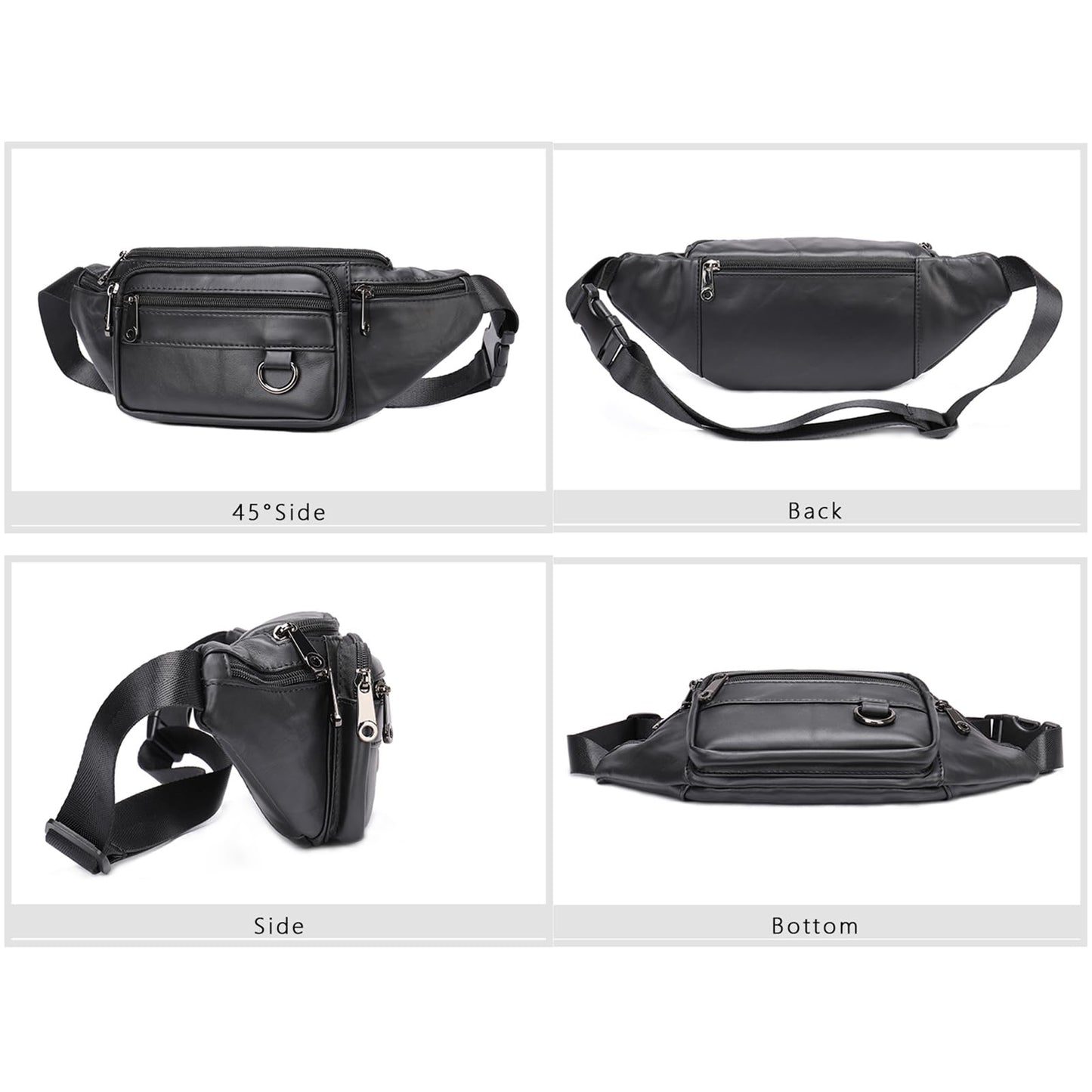 Genuine Leather Fanny Pack HandMade Durable cowhide Waist Bag Lots of Anti-theft zipper pocket Black