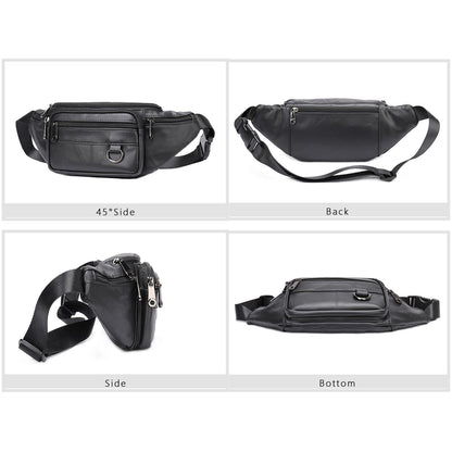 Genuine Leather Fanny Pack HandMade Durable cowhide Waist Bag Lots of Anti-theft zipper pocket Black