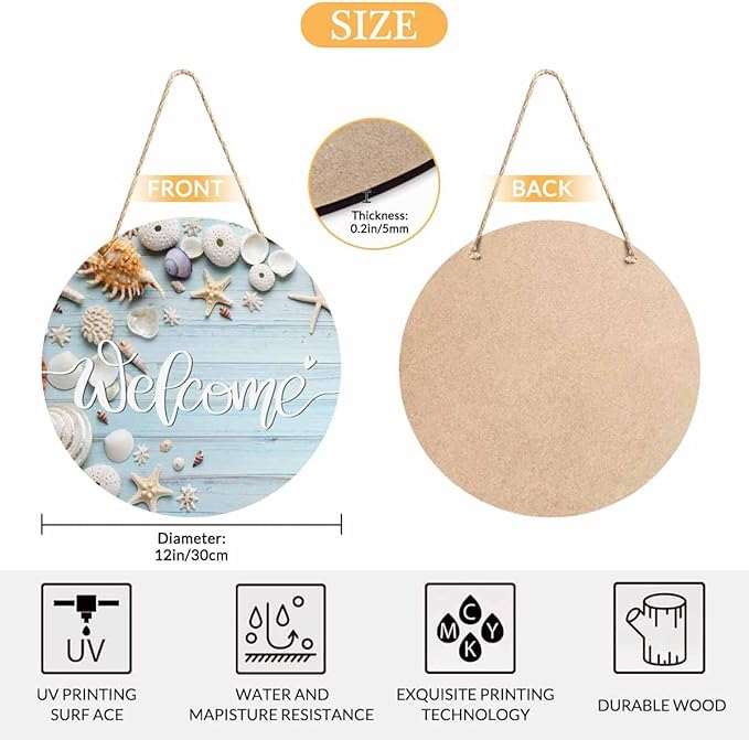 Welcome Porch Wood Sign Seashell Starfish on Blue Wooden Round Hanging Plaque Sign for Porch Yard, Housewarming Present, 12x12inch