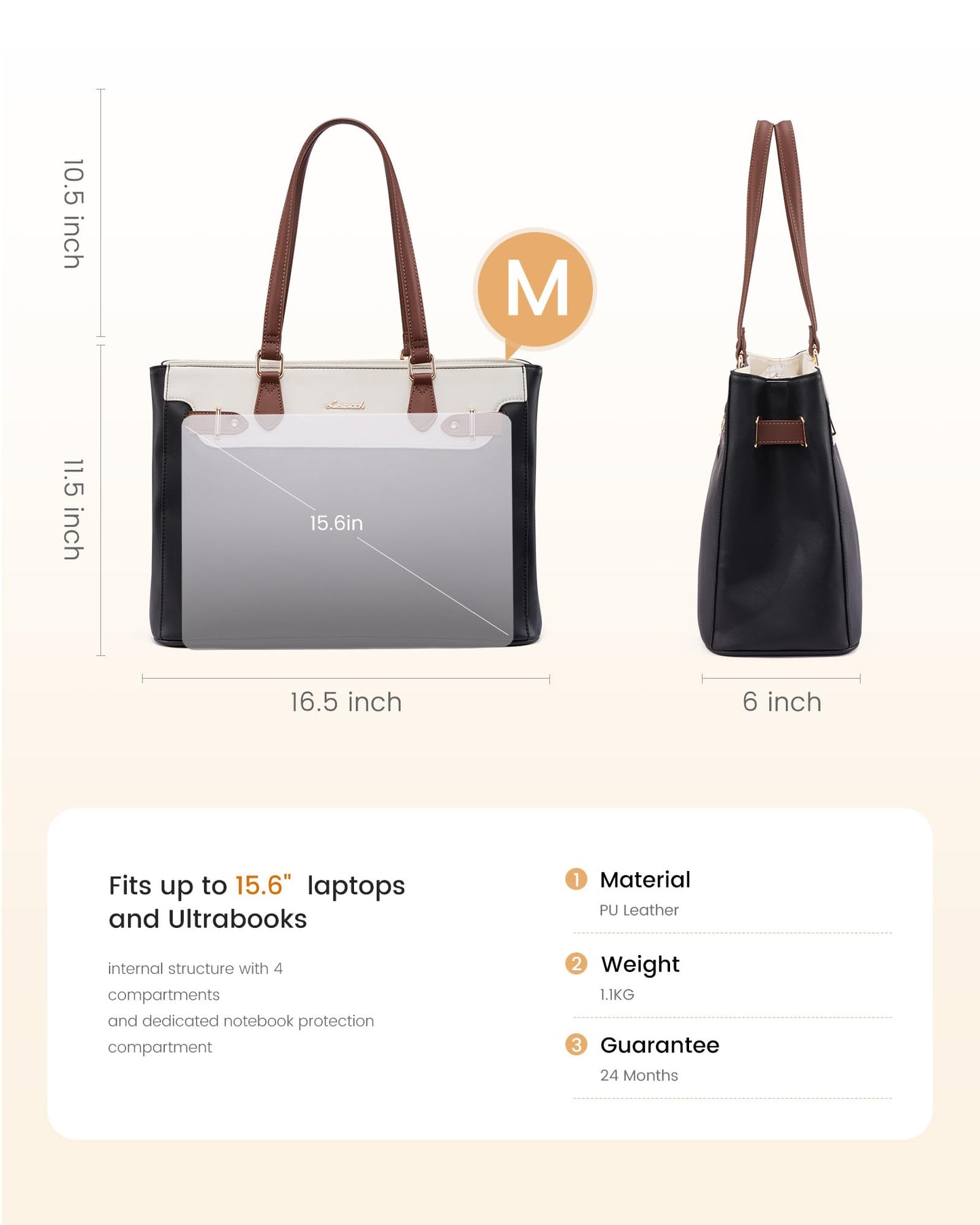 LOVEVOOK Laptop Tote Bag for Women Work, Teacher Tote Bag Nurse Bag with Large Cup Holder, 17.3 Inch Waterproof Leather Computer Bag Professional Business Office Briefcase, Black-beige-brown