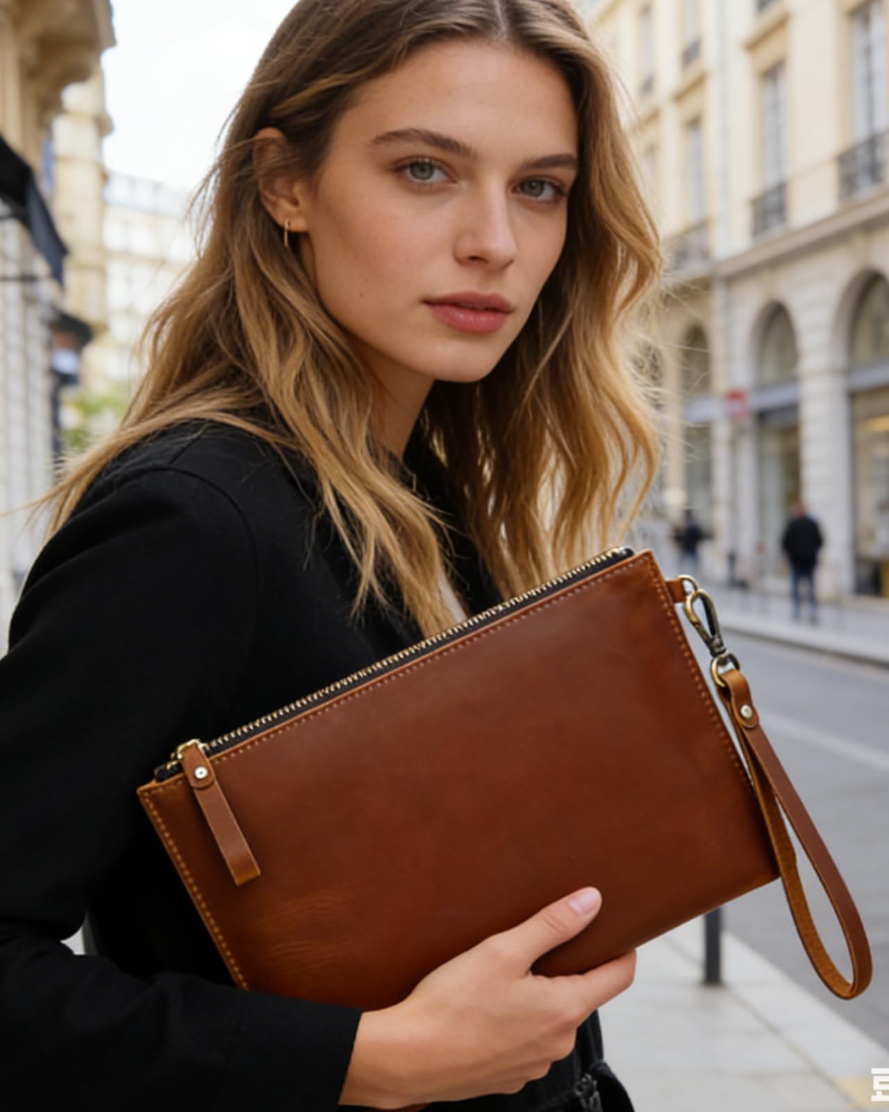 Inkfew Genuine Leather Wristlet for Women and Men, Leather Clutch Business Briefcase Tablet Sleeve Bag with Zip Closure