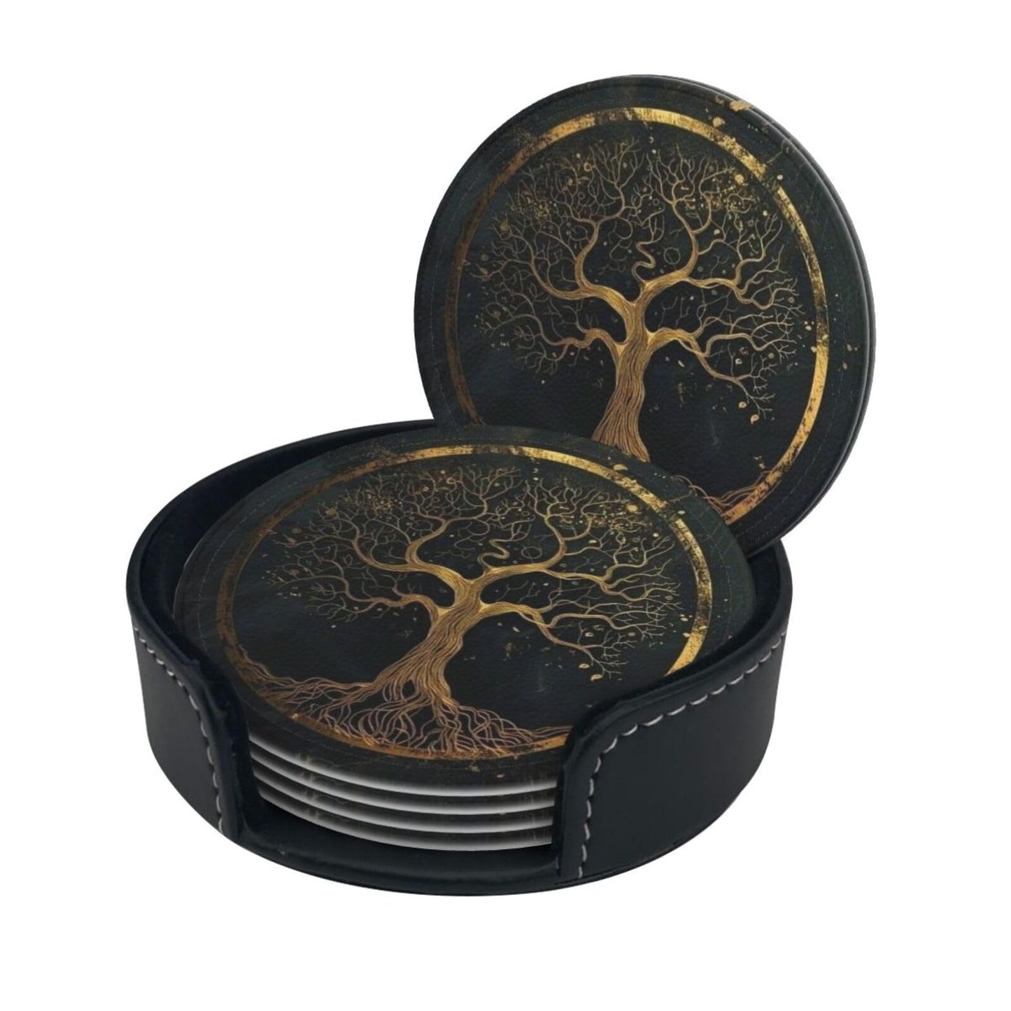 BOXIMIAO Drink Coasters with Holder Stand Set of 6, Marble Gold Tree of Life Pu Leather Absorbent Coasters with Cork Base Table Round Coaster for Housewarming Apartment Kitchen Bar Decor