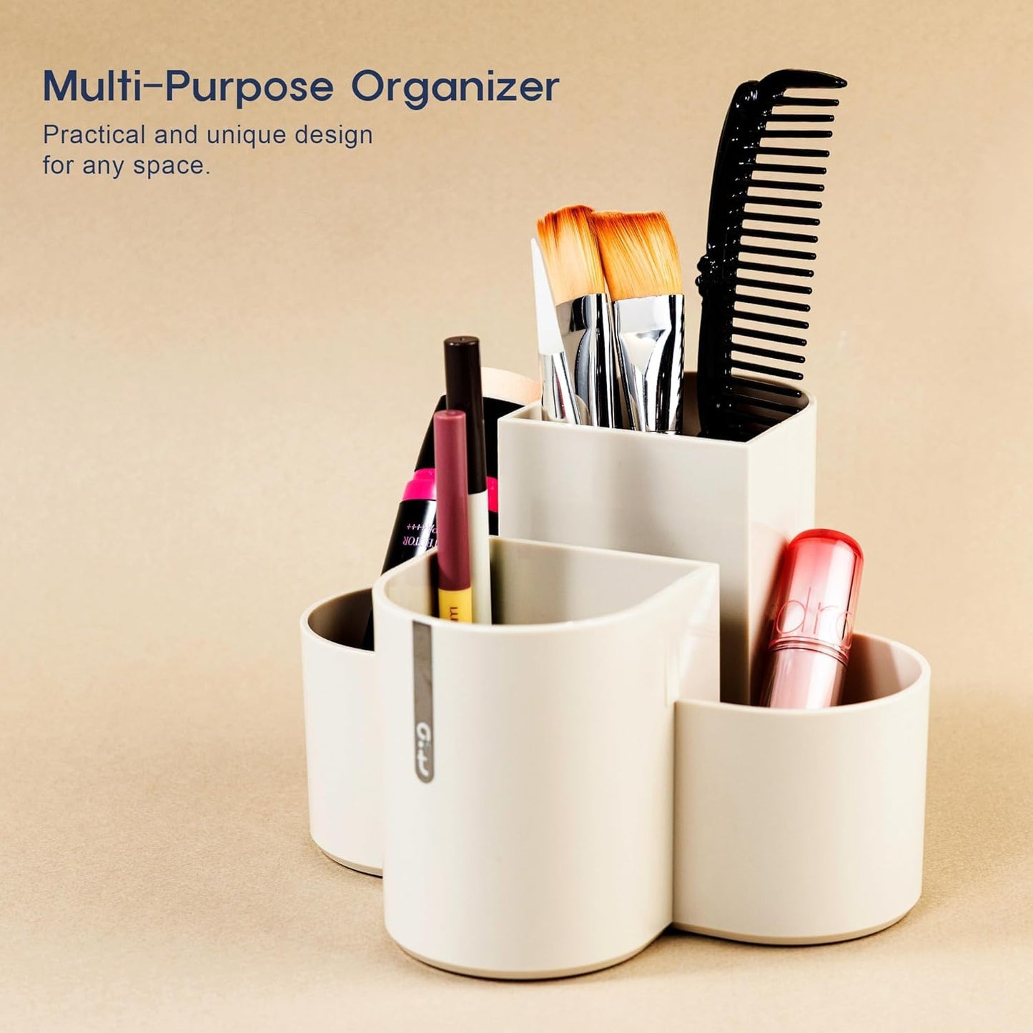 AONTILLO Aesthetic Desk Organizer [Sand Beige] - Multi-Compartment Pen Holder & Remote Control Caddy, Modern Vanity Makeup Brush Organizer, Premium Stationery Storage (Made In Korea)