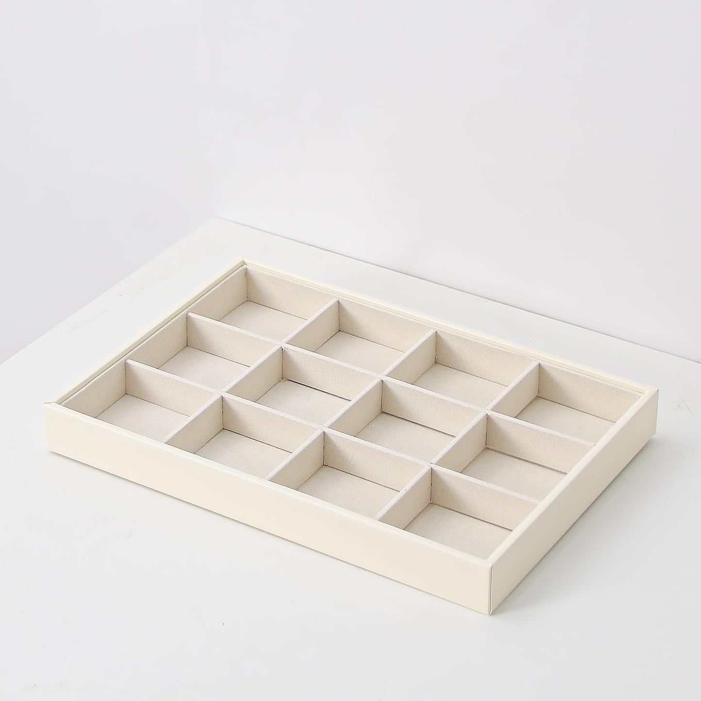 Ausalivan Stackable Jewelry Organizer Tray For Drawers,White Leather Small Earring Storage Tray,Bracelet And Necklace Display Box,Jewelry Ring Display Case (12 Grids)