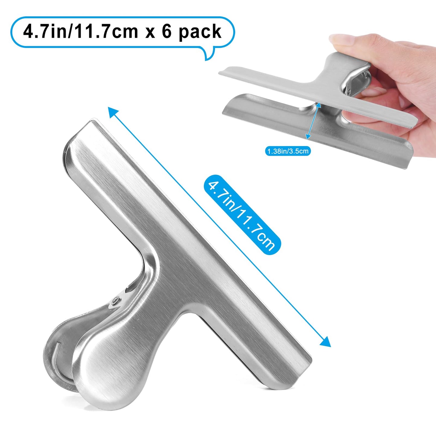 Komstuon 6 Pack Silver Chip Clips, 4.7 inch Stainless Steel Paper Clamps, Round Smooth Edge Bulldog Clips for Food Bags, Drawing, Home, Kitchen and Office