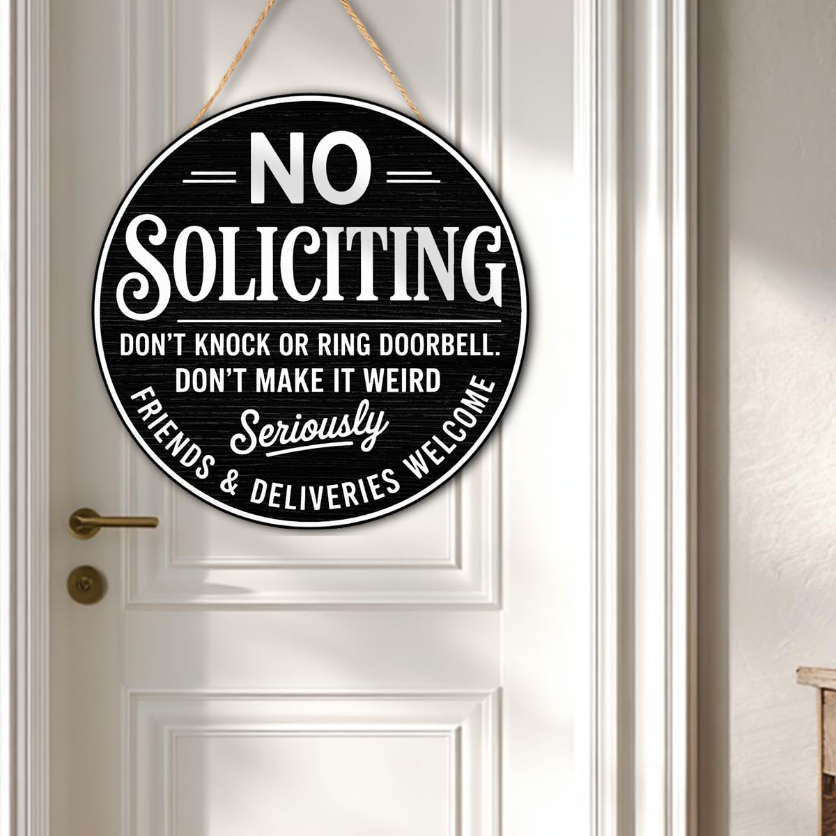 No Soliciting Wood Hanging Sign for House Front Door, Don't Knock or Ring Doorbell House Welcome Sign