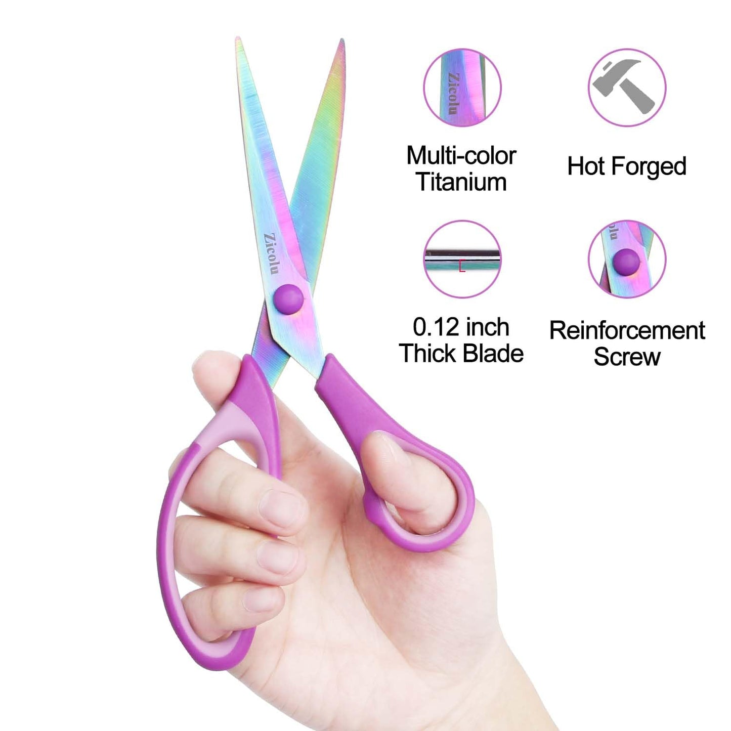 Zicolu 8.5" Scissors All Purpose, Multipurpose Office Scissors Set of 3 Pack, Titanium Coating Sharp Blade, Soft Comfort-Grip, Ideal for Fabric, School, Home, Craft & Sewing, Right/Left Handed, Purple