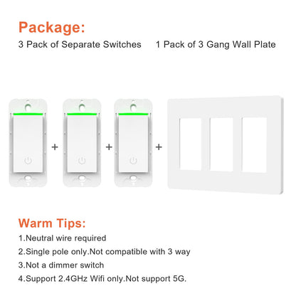 Milfra Smart Light Switch-Smart WiFi Switch 2.4Ghz Compatible with Alexa, Google Assistant,Remote Control/Voice Control and Schedule, Neutral Wire Required, Single-Pole, No Hub Required (4 Pack)