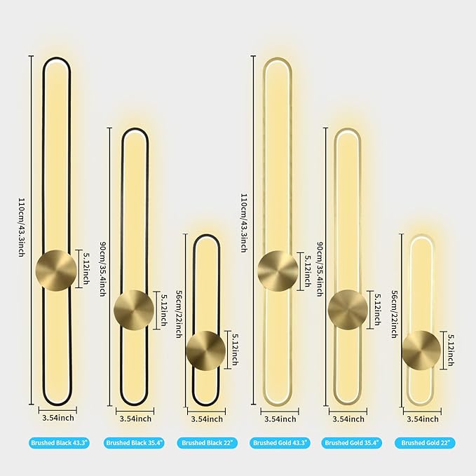 Modern Wall Sconce Dimmable 3000K/4000K/6000K LED Wall Light Fixture, Hardwired Wall Lamp for Living Room, Dining Room, Bedroom, Hallway, Lobby, Entryway (Brushed Gold, 43.3inch/H110cm)
