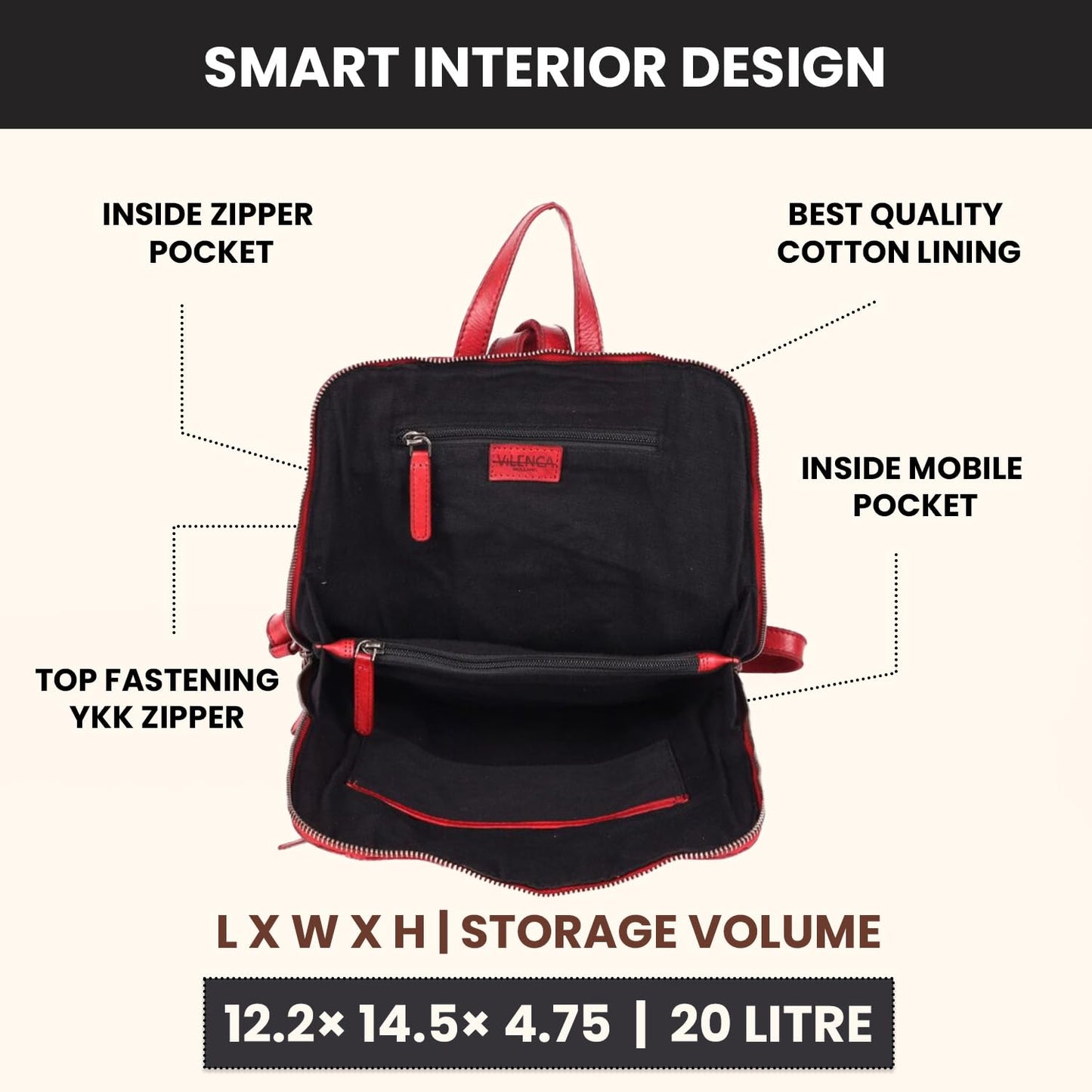 VILENCA HOLLAND 12.5 Inch Genuine Leather Backpack for Women and Men, Red Leather Backpack with Adjustable Shoulder Strap